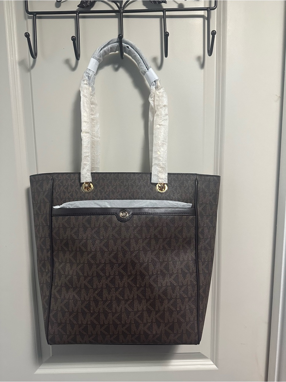 Michael Kors Brown MK Monogram Tote with Gold-Tone Hardware